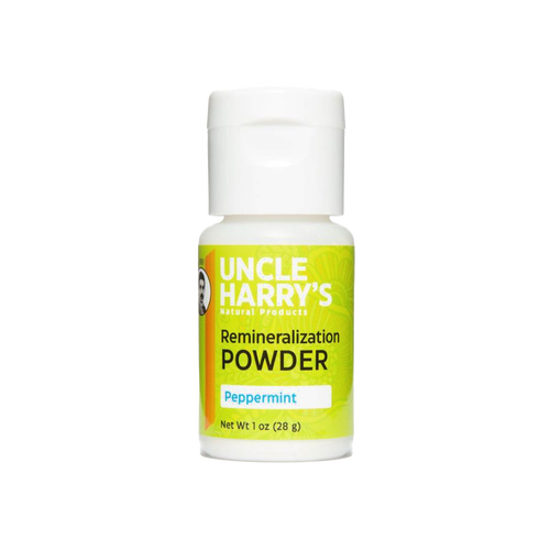 Handcrafted Uncle Harry's peppermint remineralization powder in a 1 oz container, promoting enamel health, featured in Health & Wellness, Grooming and Personal Hygiene, USA Made, Best Sellers, and Promo Eligible collections.