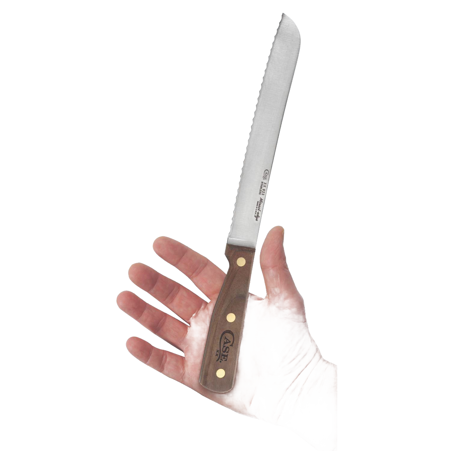 Handcrafted 8-inch bread slicing knife with serrated high-carbon steel blade and wooden handle, made in USA, ideal for kitchen knives, food prep, and bread making supplies collections.