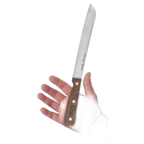 Handcrafted 8-inch bread slicing knife with serrated high-carbon steel blade and wooden handle, made in USA, ideal for kitchen knives, food prep, and bread making supplies collections.