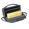 Dark gray flip-top butter dish holding a block of butter with a matching spreader in the cradle, designed for tidy storage and easy spreading in kitchen gadgets and accessories collections.