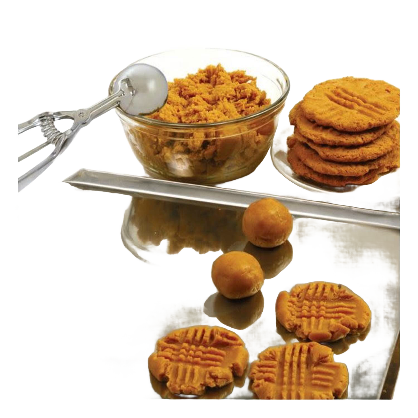 Metal scoop with spring handle next to clear glass bowl filled with cookie dough and a stack of freshly pressed peanut butter cookies on a reflective surface, handcrafted for Kitchen & Food, Cookware, Baking Supplies, and Best Sellers collections.