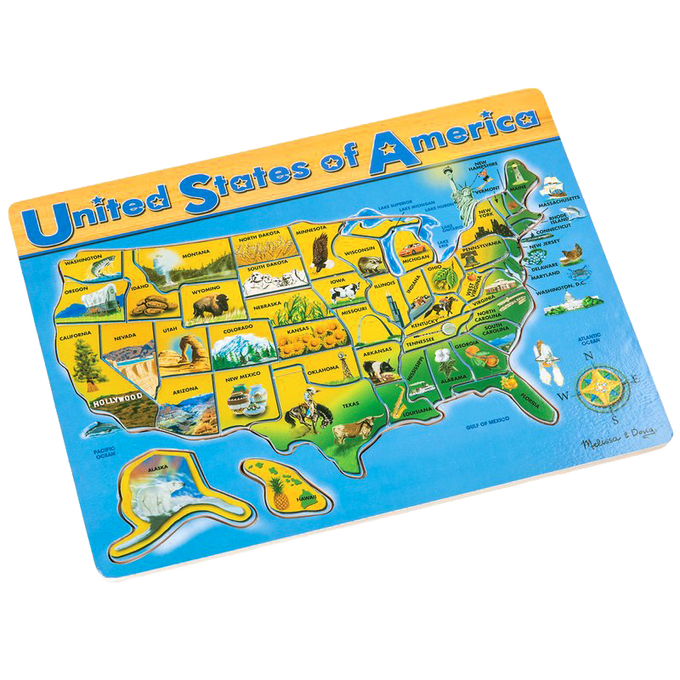 Colorful educational map puzzle of the United States featuring wooden pieces for each state with illustrations of state symbols, designed for children in Toys, Books & Games, Puzzles, and Best Sellers collections.