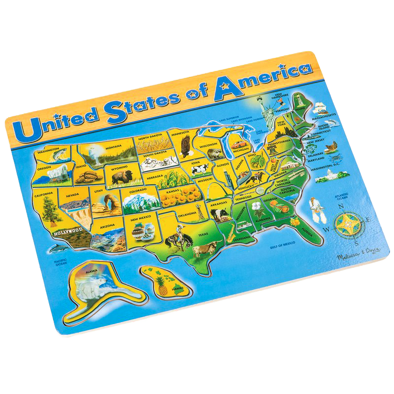 Colorful educational map puzzle of the United States featuring wooden pieces for each state with illustrations of state symbols, designed for children in Toys, Books & Games, Puzzles, and Best Sellers collections.