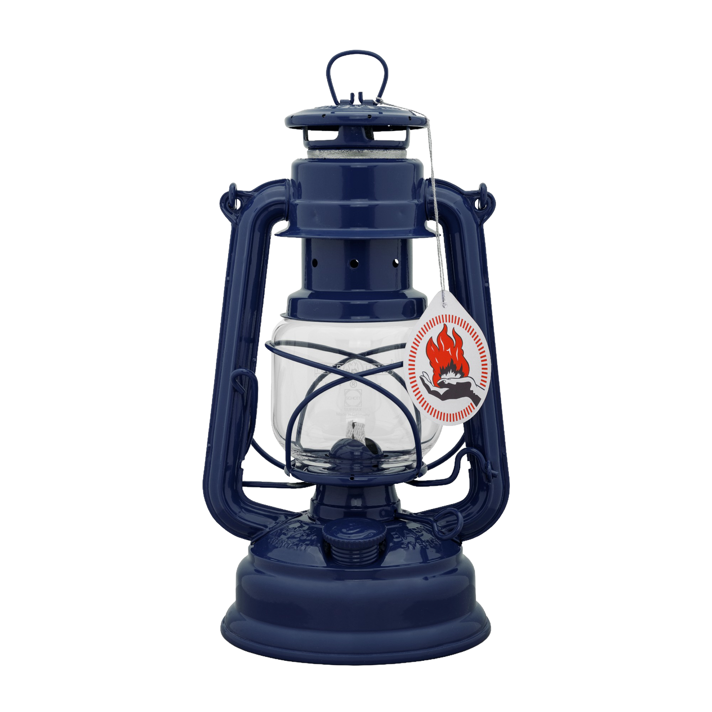 Handcrafted deep blue galvanized oil lantern featuring a durable thermal heat-resistant SUPRAX globe and protective metal frame, ideal for camping, emergency supplies, and outdoor lighting.