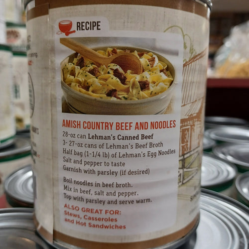 Close-up of a recipe label for Amish Country Beef and Noodles featuring handcrafted canned beef, ideal for Farm, Garden & Tool, Kitchen & Food, Emergency Supplies, Food, Meats, Best Sellers, and Promo Eligible collections.