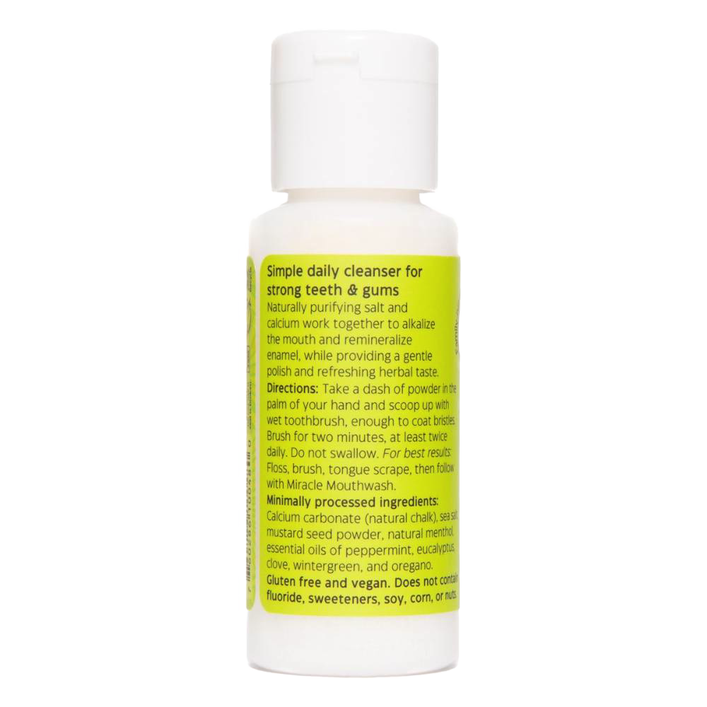 Small white plastic bottle of Uncle Harry's Natural Tooth Powder with bright green label highlighting natural ingredients for strong teeth and gums, featured in Health & Wellness and Grooming and Personal Hygiene collections.
