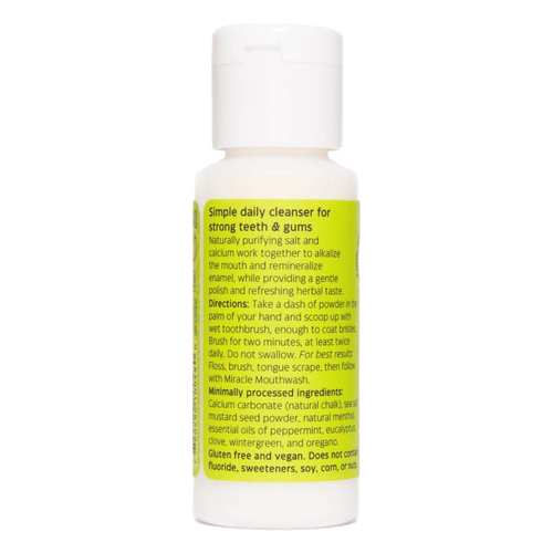 Small white plastic bottle of Uncle Harry's Natural Tooth Powder with bright green label highlighting natural ingredients for strong teeth and gums, featured in Health & Wellness and Grooming and Personal Hygiene collections.
