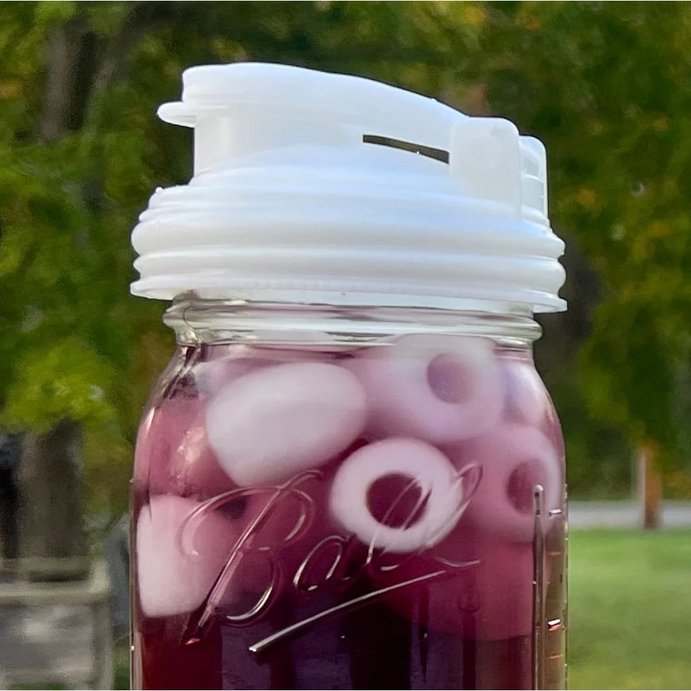 Clear regular-mouth glass jar filled with purple liquid and ice cubes, topped with a white durable plastic pour lid featuring a flip-top spout and carry loop, crafted in the USA for Kitchen Gadgets and Best Sellers collections.