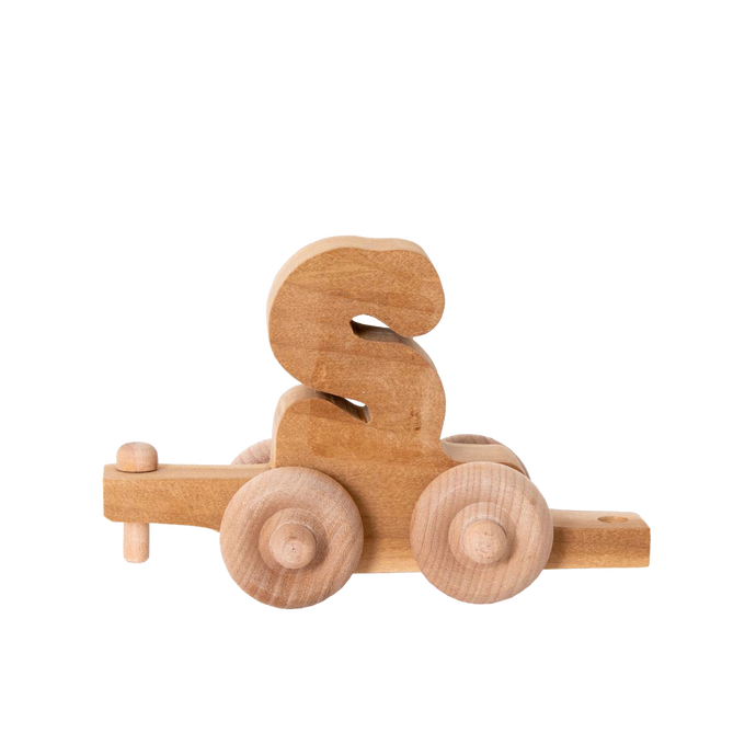 Handcrafted wooden train car featuring the letter S, Amish made in the USA, designed for indoor play and included in Kids’ Wooden Toys, Children’s Toys, and USA Made collections.