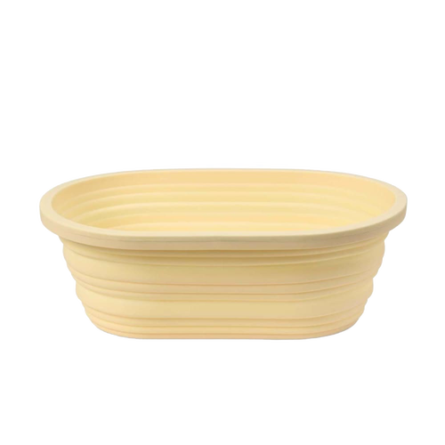 Oval collapsible bread proofing basket made from durable silicone with a steel rim, designed for shaping dough and easy storage in Kitchen & Food and Baking Supplies collections.