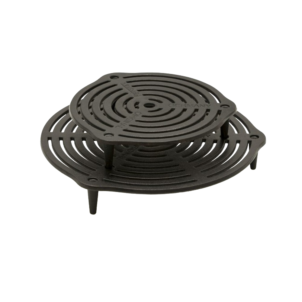 Two-tier cast iron grate with sturdy legs for elevated, balanced heat transfer during multi-level cooking or baking, ideal for Farm, Garden & Tool, Kitchen & Food, Camping, Cookware, Cast Iron, Best Sellers, and Promo Eligible collections.