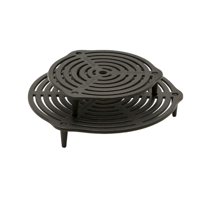 Two-tier cast iron grate with sturdy legs for elevated, balanced heat transfer during multi-level cooking or baking, ideal for Farm, Garden & Tool, Kitchen & Food, Camping, Cookware, Cast Iron, Best Sellers, and Promo Eligible collections.
