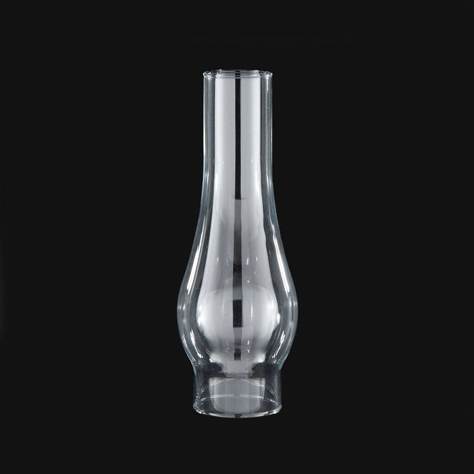 Glass oil lamp chimney with a 2-5/8 inch base and a bulbous midsection, handcrafted for use with vintage round wick lamps, ideal for lamps & lighting and parts & accessories collections.