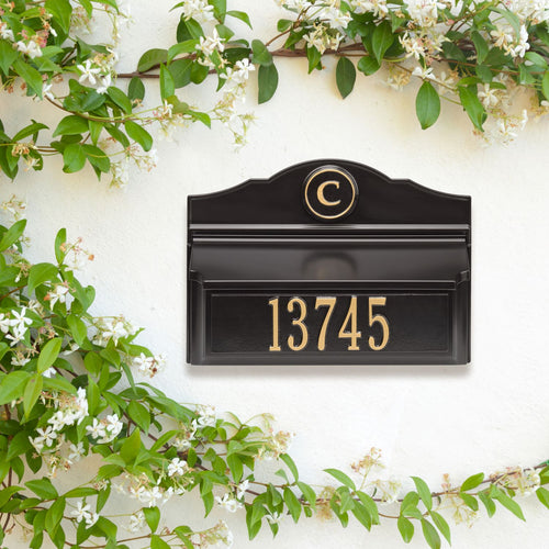 Handcrafted black and gold wall mount mailbox with personalized monogram and house number, made in USA, enhancing curb appeal for Home & Decor and Mailboxes and Address Signs collections.