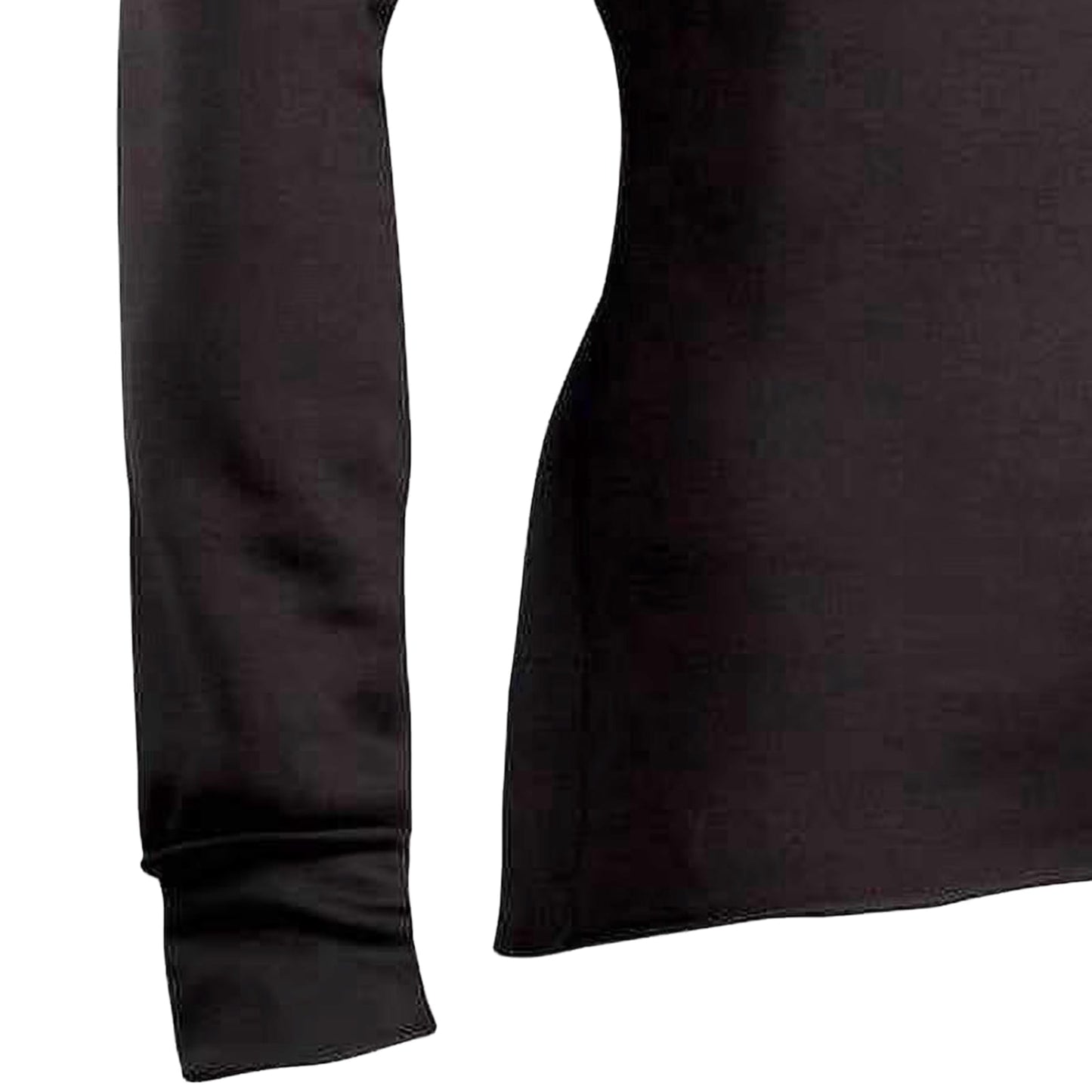 Black fleece long john shirt sleeve and side detail with ribbed cuffs and fleeced polyester interior, designed for warmth and moisture control, ideal for Health & Wellness and Clothing collections.