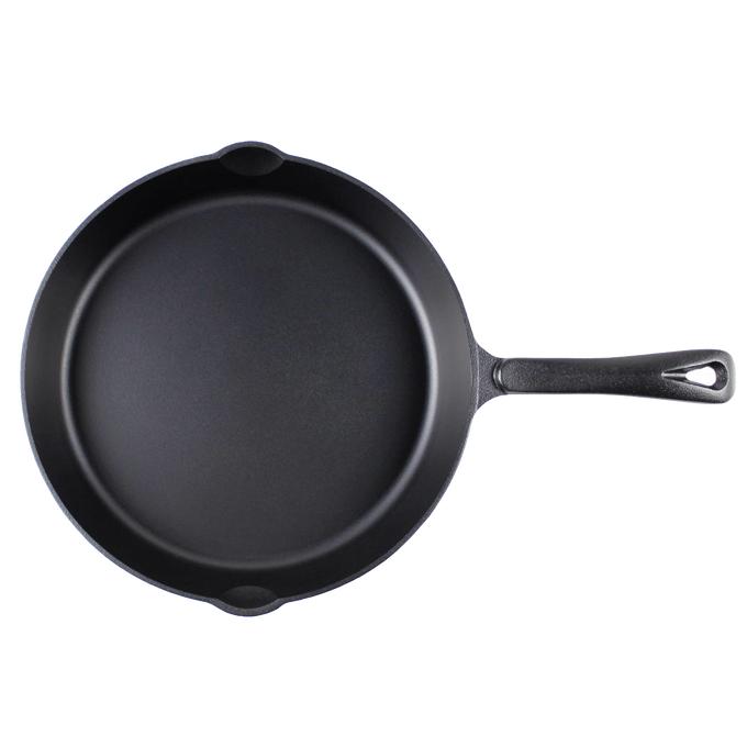 Handcrafted nitrogen-hardened cast iron skillet with smooth, stick-resistant surface and dual pouring spouts, designed for long-lasting use in Kitchen & Food, Cookware, Cast Iron, Best Sellers, and Promo Eligible collections.