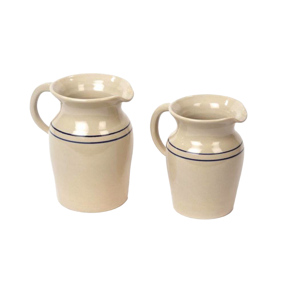 Set of two handcrafted glazed stoneware pitchers in cream with blue stripes, made in USA, ideal for serving or decorative use in Kitchen & Food, Dinnerware, and Holiday Hosting collections.