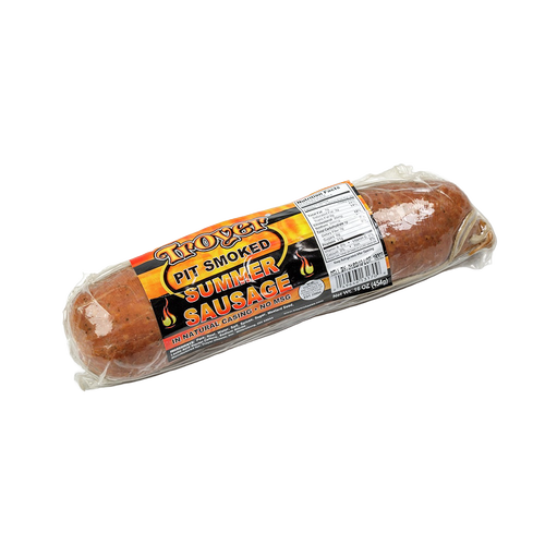 Handcrafted pit smoked summer sausage in vacuum-sealed packaging with natural casing, made in USA, perfect for Kitchen & Food, Snacks and Sweets, Pantry, Meats, USA Made, and Best Sellers collections.