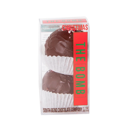 Clear packaging showing two handcrafted chocolate bombs with crushed peppermint candy topping in white paper cups, made in USA, perfect for Kitchen & Food, Snacks and Sweets, Beverages, USA Made, Best Sellers, and Promo Eligible collections.