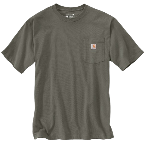 Handcrafted heavyweight cotton short-sleeve shirt in muted olive with a chest pocket featuring the Carhartt logo, rib-knit crewneck, and side-seam construction, included in Health & Wellness, Clothing and Accessories, Best Sellers, and Promo Eligible collections.