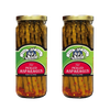 Two glass jars of handcrafted hot pickled asparagus with red chili flakes, showcasing Amish-made quality and tangy heat, ideal for Kitchen & Food, Pantry, USA Made, Best Sellers, and Promo Eligible collections.