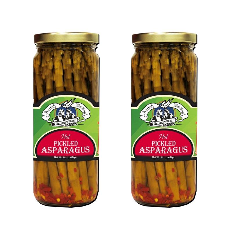 Two glass jars of handcrafted hot pickled asparagus with red chili flakes, showcasing Amish-made quality and tangy heat, ideal for Kitchen & Food, Pantry, USA Made, Best Sellers, and Promo Eligible collections.