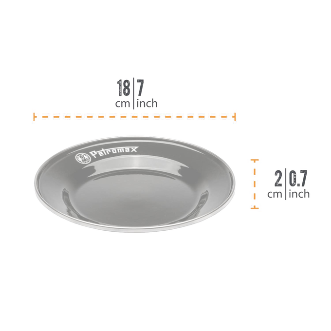 Single durable gray enamel plate with rounded edges and logo, lightweight and heat-resistant, suitable for Farm, Garden & Tool, Kitchen & Food, Camping, Dinnerware, Best Sellers, and Promo Eligible collections.