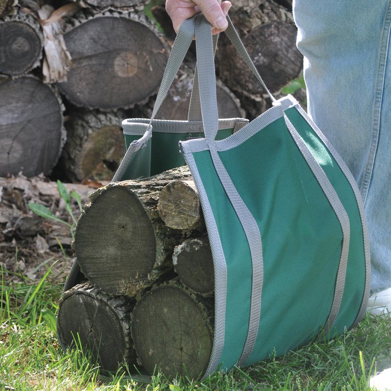 Unique handcrafted canvas firewood carrier in green with heavy-duty gray trim, designed for easy hauling of medium logs, perfect for Farm, Garden & Tool, Stoves, and Hearth Accessories collections.