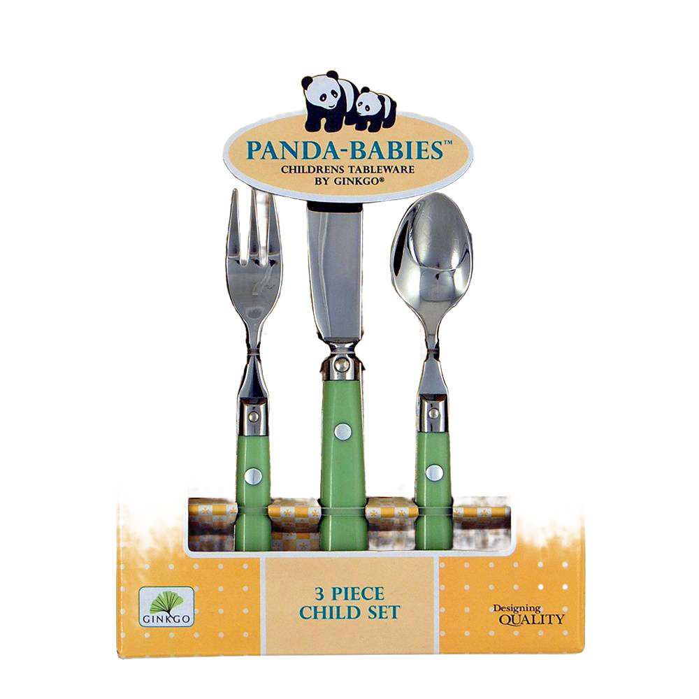 Set of three children's flatware utensils with green handles including a fork, knife, and spoon, designed for small hands, displayed in yellow dotted packaging for Kitchen & Food and Dinnerware collections.