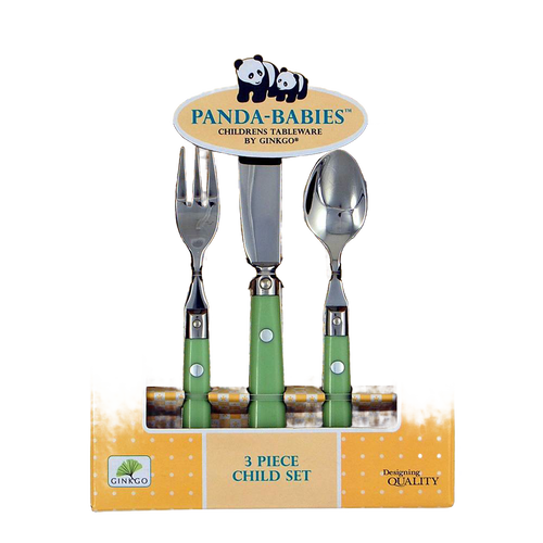 Set of three children's flatware utensils with green handles including a fork, knife, and spoon, designed for small hands, displayed in yellow dotted packaging for Kitchen & Food and Dinnerware collections.