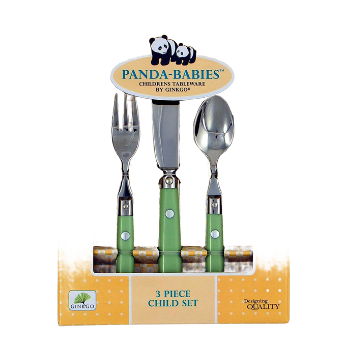 Set of three children's flatware utensils with green handles including a fork, knife, and spoon, designed for small hands, displayed in yellow dotted packaging for Kitchen & Food and Dinnerware collections.