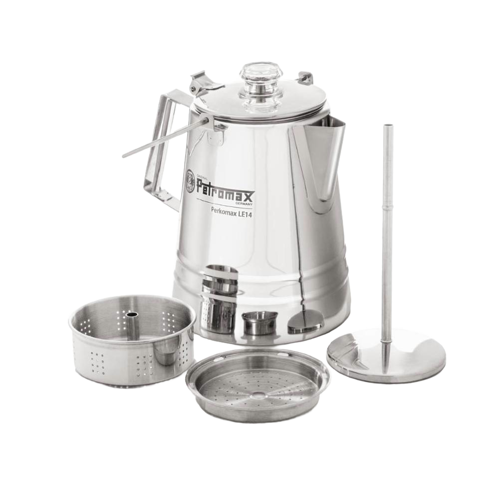 Stainless steel coffee percolator with detachable filter basket, press plate, and lid, designed for gentle brewing, ideal for Camping, Kitchen & Food, Brewing Coffee and Tea, Best Sellers, and Promo Eligible collections.