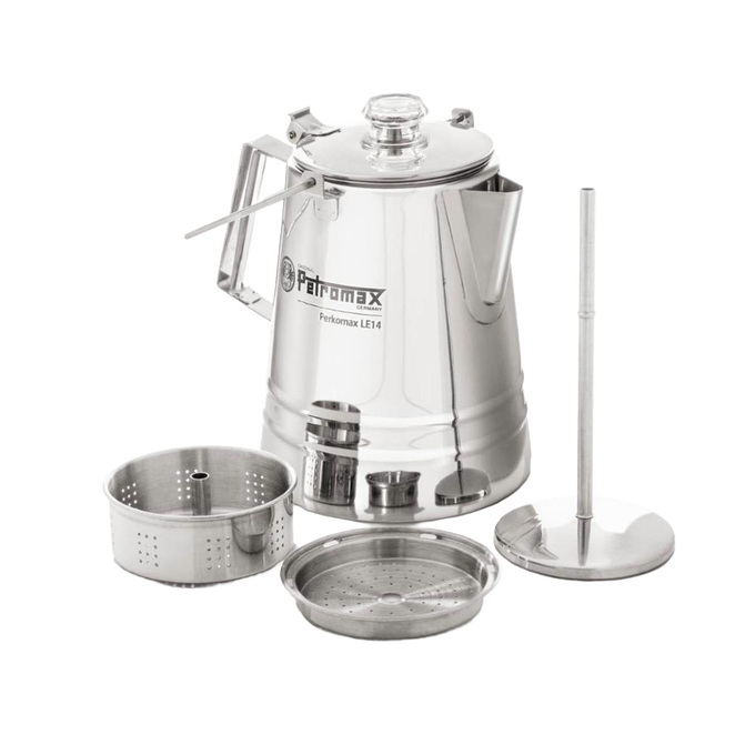Stainless steel coffee percolator with detachable filter basket, press plate, and lid, designed for gentle brewing, ideal for Camping, Kitchen & Food, Brewing Coffee and Tea, Best Sellers, and Promo Eligible collections.