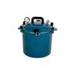 Teal blue 21.5-quart pressure canner with secure locking lid, built-in pressure gauge, and sturdy handles, handcrafted in USA for Kitchen & Food, Food Preservation, Canning, and Pressure Canners collections.