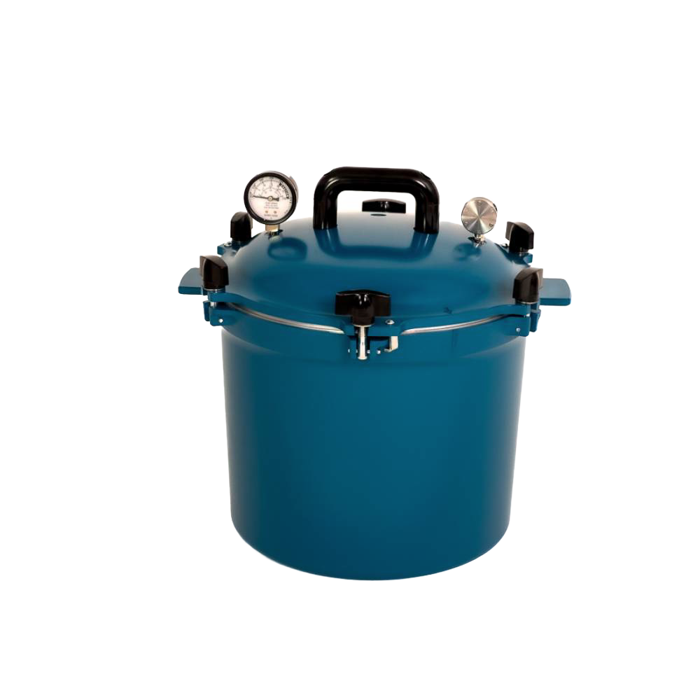 Teal blue 21.5-quart pressure canner with secure locking lid, built-in pressure gauge, and sturdy handles, handcrafted in USA for Kitchen & Food, Food Preservation, Canning, and Pressure Canners collections.