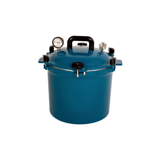 Teal blue 21.5-quart pressure canner with secure locking lid, built-in pressure gauge, and sturdy handles, handcrafted in USA for Kitchen & Food, Food Preservation, Canning, and Pressure Canners collections.