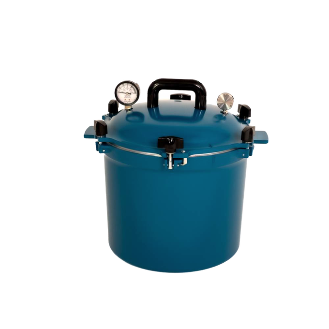 Teal blue 21.5-quart pressure canner with secure locking lid, built-in pressure gauge, and sturdy handles, handcrafted in USA for Kitchen & Food, Food Preservation, Canning, and Pressure Canners collections.