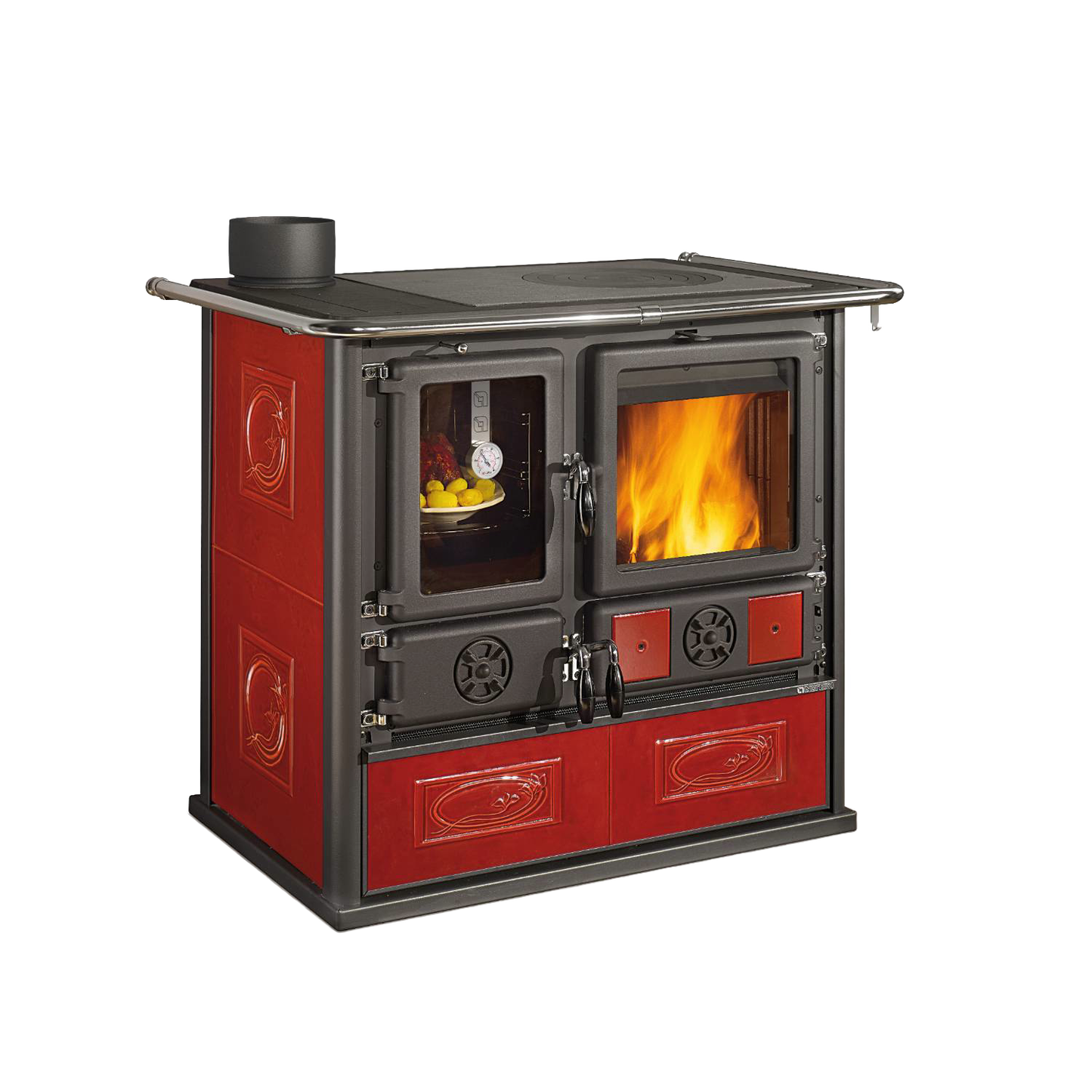 Cast iron and enameled steel wood cook stove with ornate red majolica panels, visible flame through glass door, designed for efficient heat and cooking, featured in Best Sellers and Stoves collections.