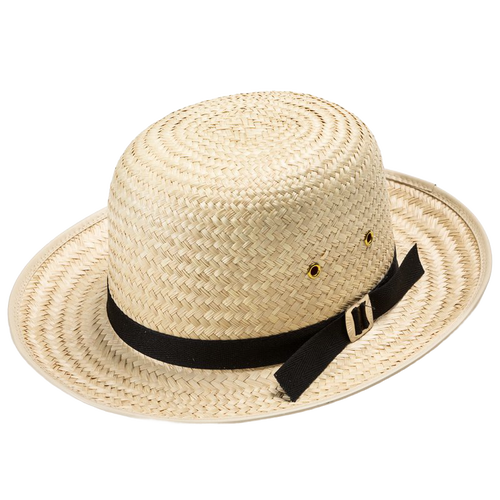 Handcrafted boys' round straw hat with classic rounded crown, 2-1/2" brim, black fabric band and sweatband; Amish made in USA, featured in Garden Accessories and Best Sellers.