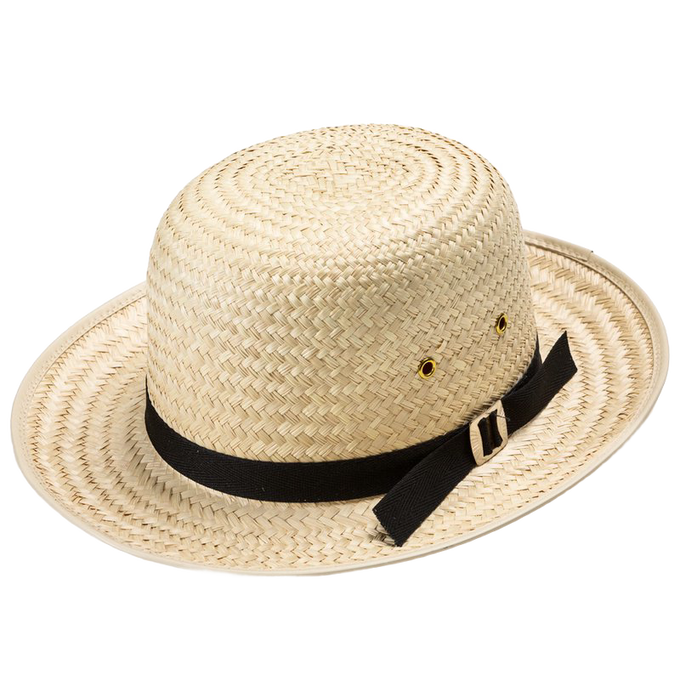 Handcrafted boys' round straw hat with classic rounded crown, 2-1/2" brim, black fabric band and sweatband; Amish made in USA, featured in Garden Accessories and Best Sellers.