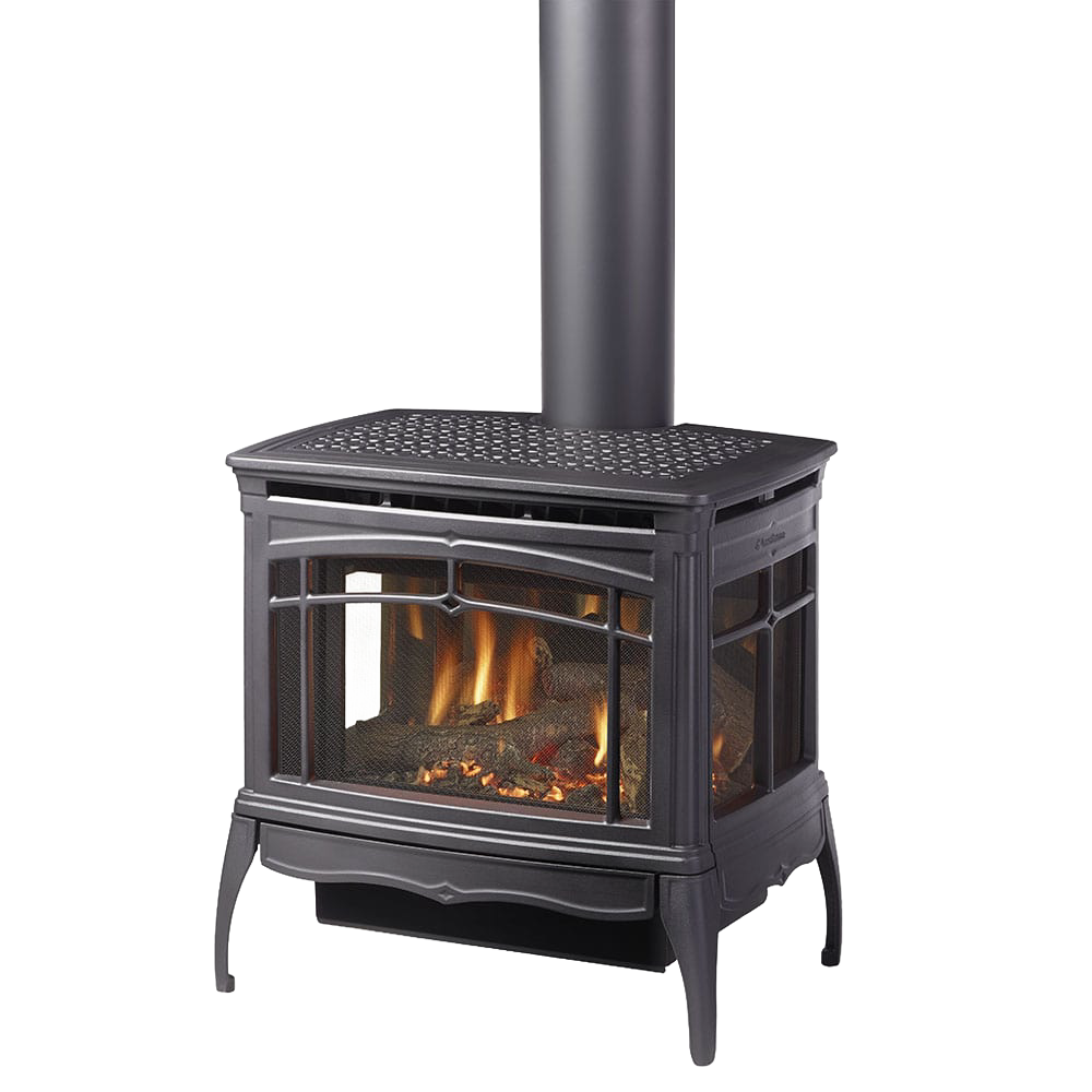 Large cast iron freestanding gas stove with three-sided glass panels showcasing flickering flames, designed for efficient heating in stoves, heatstoves, and best sellers collections.