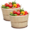 Two handcrafted poplar wood bushel baskets filled with red, green, and yellow bell peppers, made in USA with metal wire support, perfect for Farm, Garden & Tool, Garden Accessories, USA Made, Best Sellers, and Promo Eligible collections.