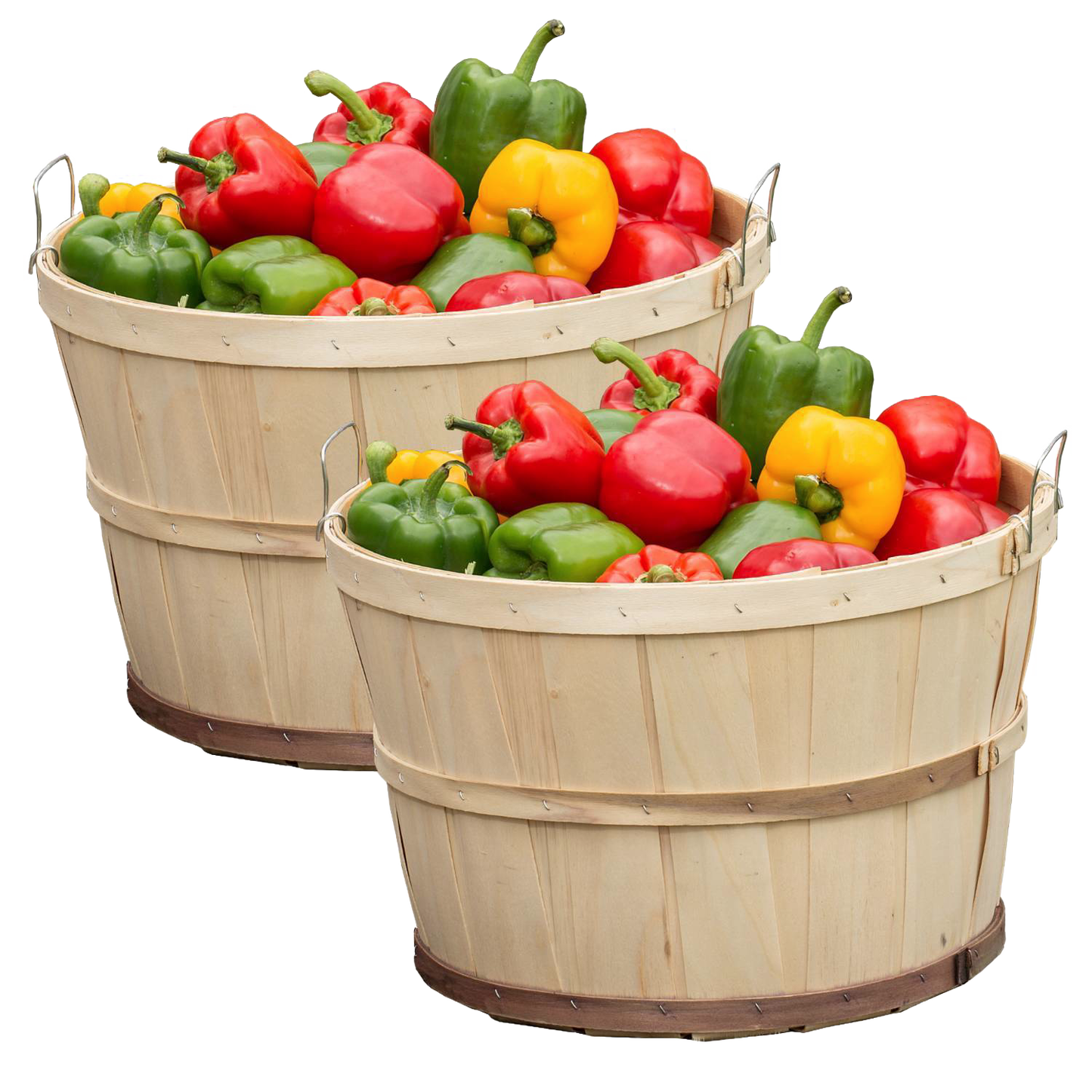 Two handcrafted poplar wood bushel baskets filled with red, green, and yellow bell peppers, made in USA with metal wire support, perfect for Farm, Garden & Tool, Garden Accessories, USA Made, Best Sellers, and Promo Eligible collections.