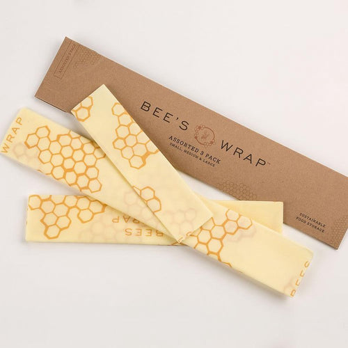 Set of three handcrafted beeswax food wraps in pale yellow with honeycomb pattern, eco-friendly and reusable for kitchen storage, part of Kitchen & Food and USA Made collections.