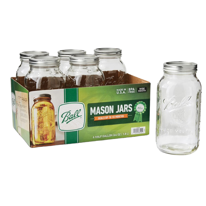 Set of six clear half-gallon wide-mouth glass canning jars with metal lids and bands, made in USA, ideal for kitchen food preservation, canning, and crafts in Best Sellers collection.