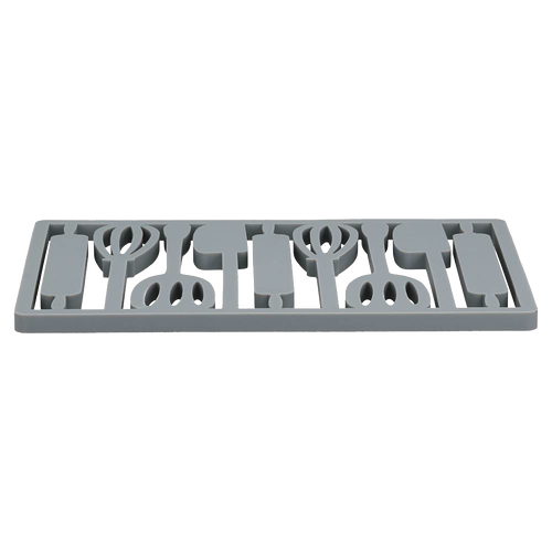 Gray rectangular silicone trivet with utensil-shaped cutouts, designed to protect surfaces from heat, ideal for Kitchen & Food, Dinnerware, Holiday Hosting, and Kitchen Gadgets collections.
