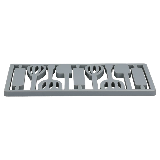 Gray rectangular silicone trivet with utensil-shaped cutouts, designed to protect surfaces from heat, ideal for Kitchen & Food, Dinnerware, Holiday Hosting, and Kitchen Gadgets collections.