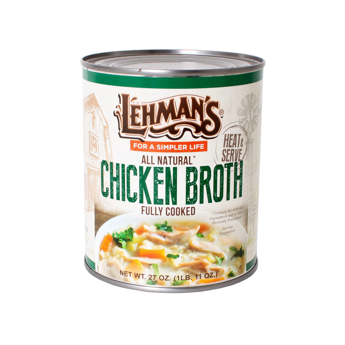 27 oz can of Lehman's all natural fully cooked chicken broth with illustrated farm scene and soup serving suggestion, ideal for Farm, Kitchen & Food, Emergency Supplies, and Best Sellers collections.