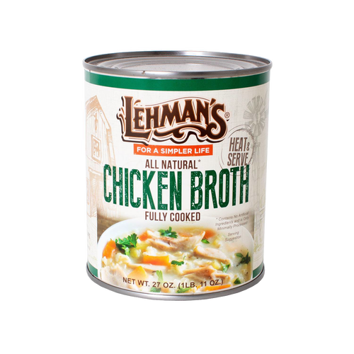 27 oz can of Lehman's all natural fully cooked chicken broth with illustrated farm scene and soup serving suggestion, ideal for Farm, Kitchen & Food, Emergency Supplies, and Best Sellers collections.