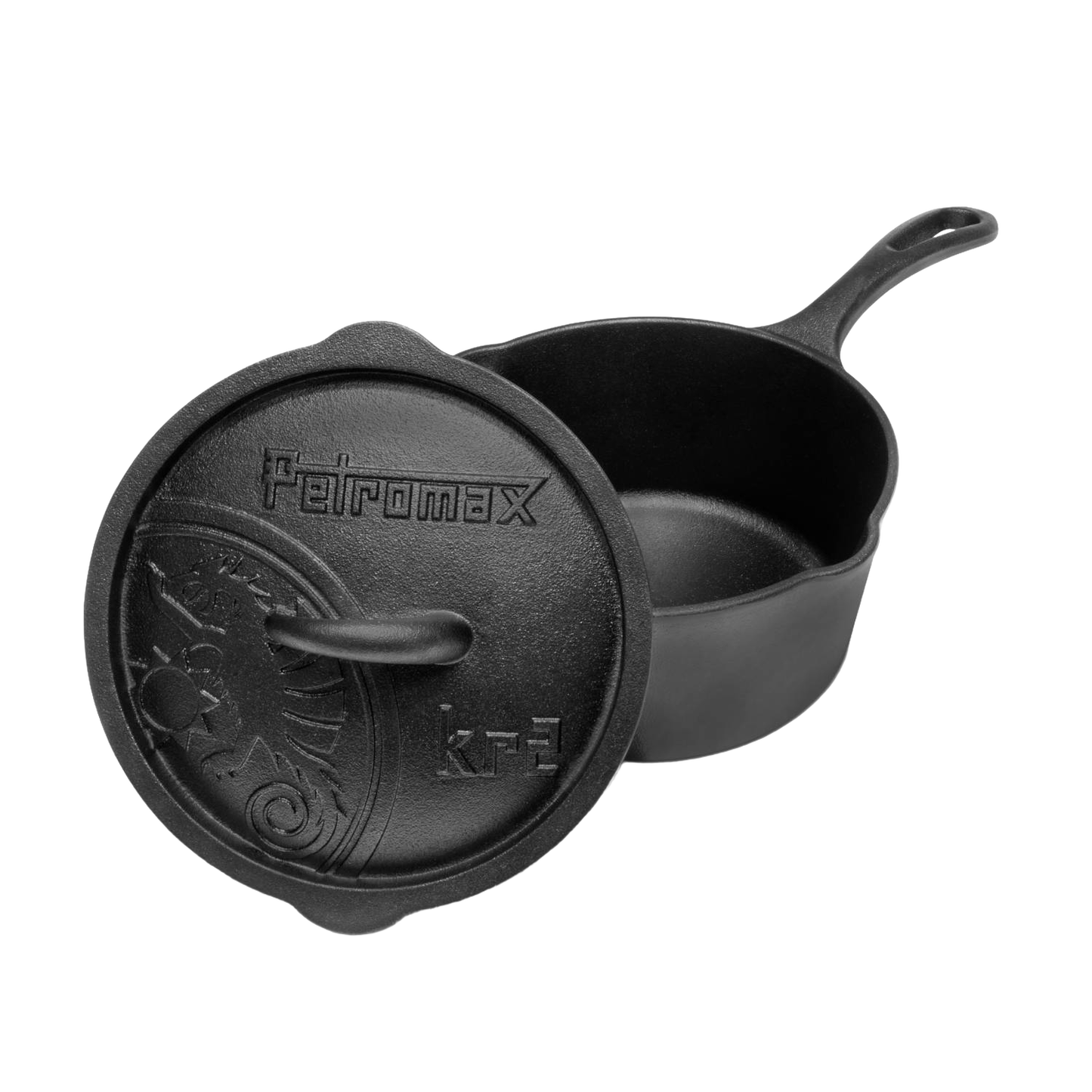 Durable cast iron saucepan with self-basting domed lid and long handle, featuring embossed design, suitable for farm, garden, camping, cookware, and cast iron collections.